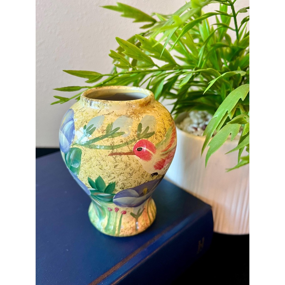 Vintage Hummingbird Ceramic Vase Gold Floral Hand Painted Cottage Decor 4"